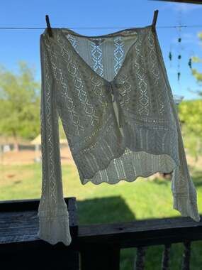 No Boundaries Juniors Pointelle Tie-Front Cardigan Sweater, Cream Flare Sleeve